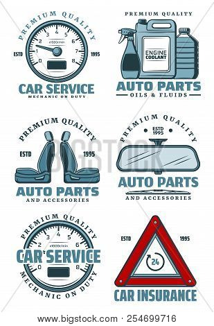 Car Service Icons For Auto Parts Store And Mechanic Repair On Garage Transport Station. Vector Symbo