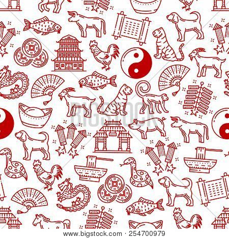 Chinese Symbols Pattern Background Of Traditional Celebration And Lunar Zodiac Animal Signs. Vector 