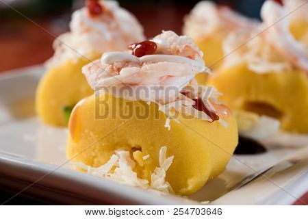 Peruvian Food: Causa Rellena, A Smashed Popatoes Filled With Crab Meal. Potato.