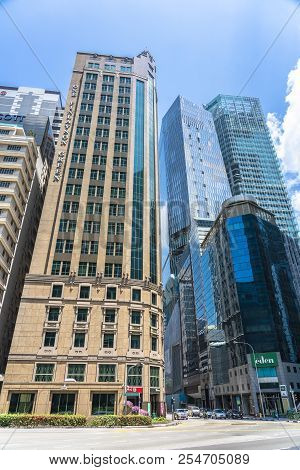 Singapore  - August 11, 2018: Tall Marble, Glass Financial And Corporate Buildings