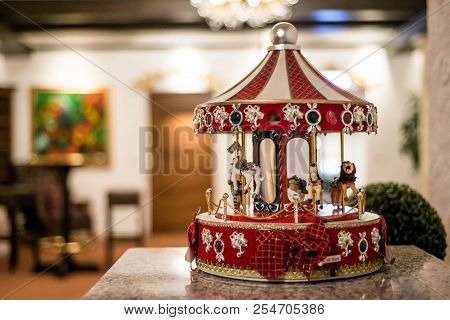Classic Vintage Style Old Carillon With Horses Close Up View With Bookeh Background