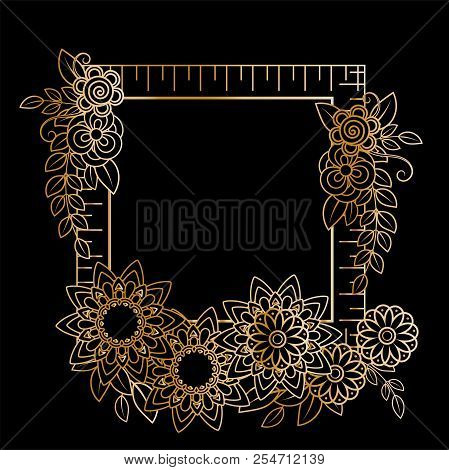 Golden Floral Frame Template. Flowers And Plants Squarer Frame. Design Element With Space For Your T