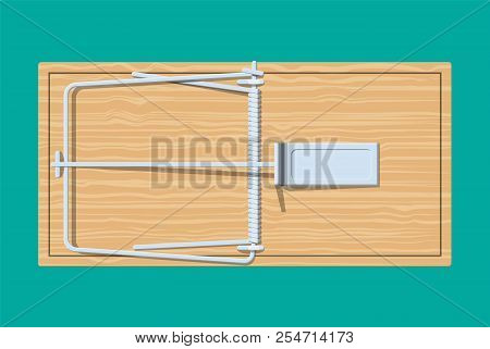 Wooden Mouse Trap, Classical Spring Loaded Bar Trap. Top View. Vector Illustration In Flat Style