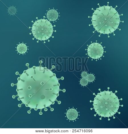 Realistic Virus Under Microscop On Green Backgorund. Bacteria Virus, Microorganism Cells. 3d Vector 