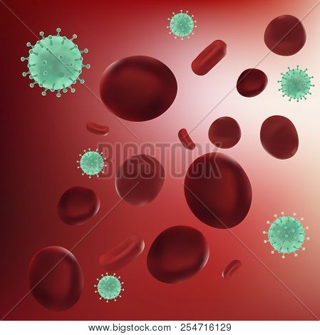 Realistic Red Blood Cells With Virus Under Microscope On Red Background. Bacteria Virus, Microorgani