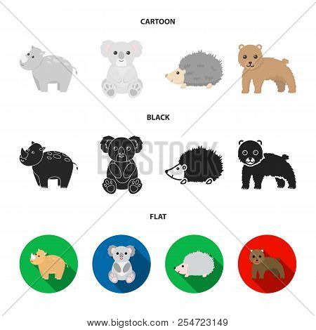 Rhino, Koala, Panther, Hedgehog.animal Set Collection Icons In Cartoon, Black, Flat Style Vector Sym