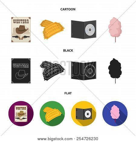 Western Cinema, Tickets, Sweet Cotton Wool, Film On Dvd.filmy And Cinema Set Collection Icons In Car