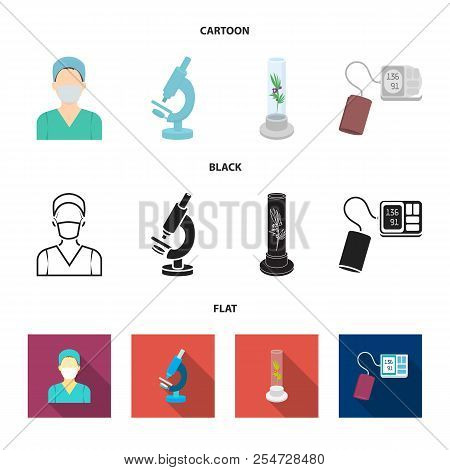Plant In Vitro, Nurse, Microscope, Tonometer. Medicine Set Collection Icons In Cartoon, Black, Flat 
