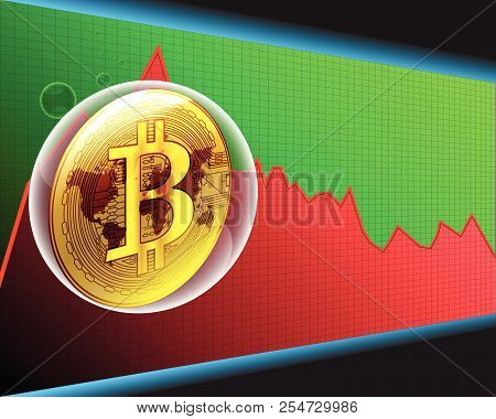 Golden Bitcoin Bubble And World Map On The Stock Maket Crash Graphs And Chars,vector Illustration