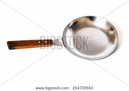 Small Frying Pan With Wooden Handle On A White Background