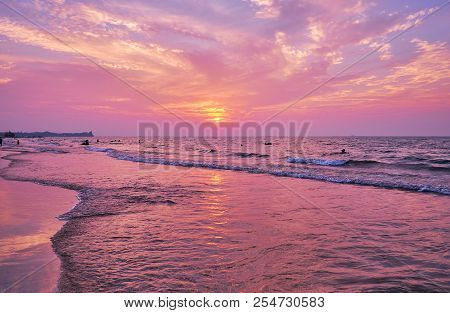 Enjoy The Magic Sunset On Chaung Tha Beach, The Gentle Waves Reflect The Fairy Sky, Myanmar.