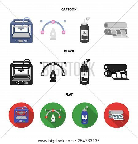 3d Printer, Newspaper Printer, Ink, Pen. Typography Set Collection Icons In Cartoon, Black, Flat Sty