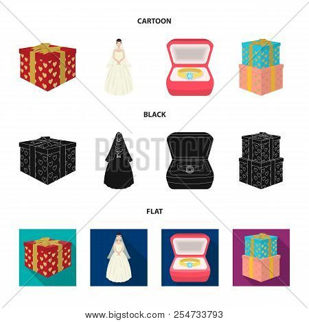Wedding And Attributes Cartoon , Flat, Outline, Black Icons In Set Collection For Design.newlyweds A