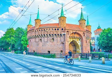 Krakow, Poland - June 11, 2018: Barbakan Is One Of The Most Notable Preserved Defensive Structures I
