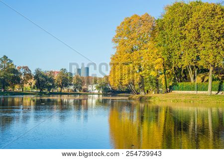 Pond In Riga, District Agenskalsns. Autumn, Yellow Tree Leaves, Lake And Reflection. 2017