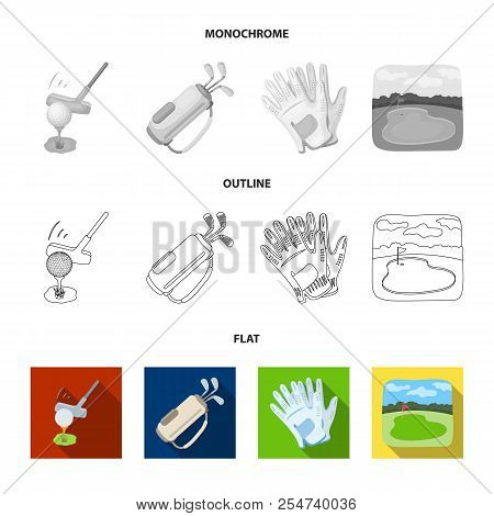 A Ball With A Golf Club, A Bag With Sticks, Gloves, A Golf Course.golf Club Set Collection Icons In 