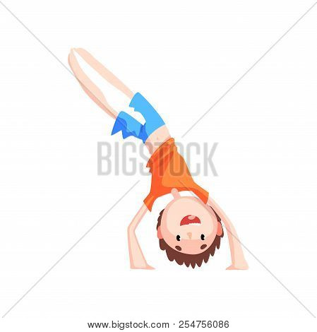 Boy Standing On His Hands Practicing Capoeira Movement, Kid Character Doing Combat Element Of Martia