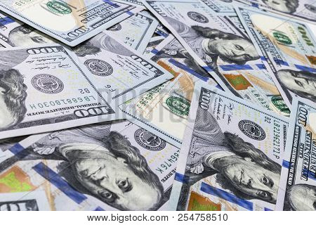 Stack Of One Hundred Dollar Bills. Stack Of Cash Money In Hundred Dollar Banknotes. Heap Of Hundred 