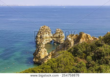 Picturesque View Of Praia Do Camilo Beach In Lagos, Algarve Region, Portugal. Praia Do Camilo Is One