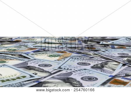 Stack Of One Hundred Dollar Bills Isolated On White Background. Stack Of Cash Money In Hundred Dolla