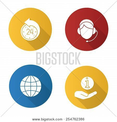 Information Center Flat Design Long Shadow Glyph Icons Set. Reschedule, Globe, Helpdesk, Call Center