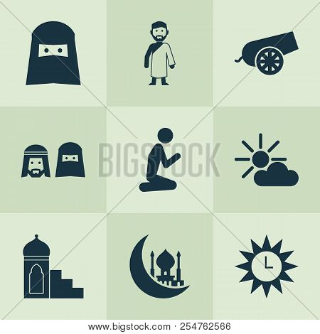 Ramadan Icons Set With Prayer, Azan, Asr And Other Mussulmans  Elements. Isolated  Illustration Rama