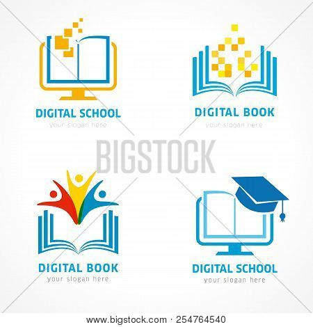 Set Of Online Education Logo Template. Online Learning, Pixel Open Book, Communication People, Digit