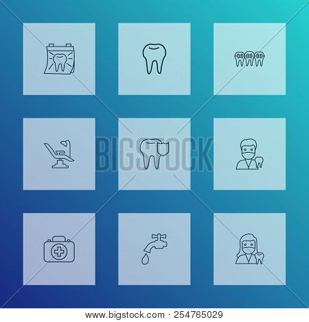Enamel Icons Line Style Set With Dentist, Medicine, Tooth And Other Enamel Elements. Isolated Vector