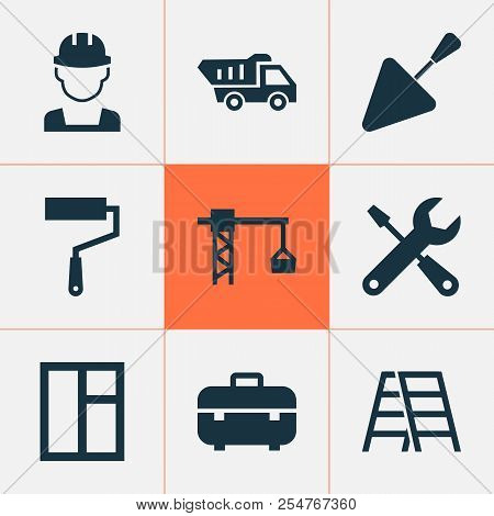 Building Icons Set With Tower Crane, Wall Painter, Window And Other Spatula Elements. Isolated Vecto