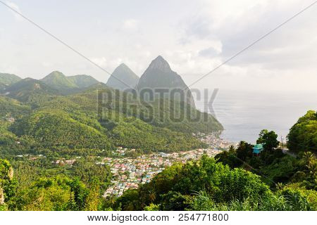 Iconic view of Piton mountains near small town of Soufriere on St Lucia island in Caribbean