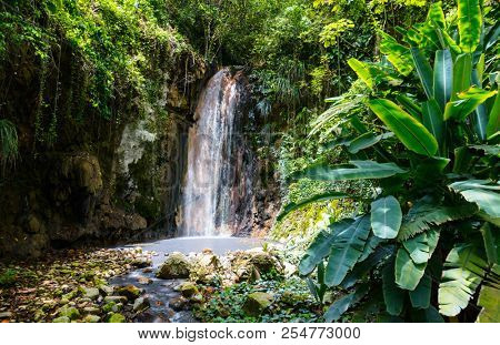 Beautiful landscape of Diamond waterfall on Saint Lucia island in Caribbean