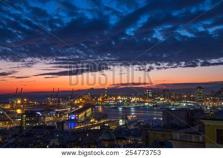 Genoa (genova), Italy,  January, 24, 2017 - View Of The Port At Night Of Genoa (genova), Italy