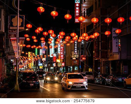 28 February 2018, Hualien Taiwan : Hualien Street View At Night With Red Lanterns For Chinese New Ye