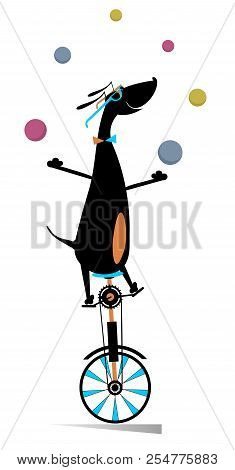 Funny Dog Rides On Unicycle And Juggles The Balls Illustration. Equilibrist Dog Rides On Unicycle An