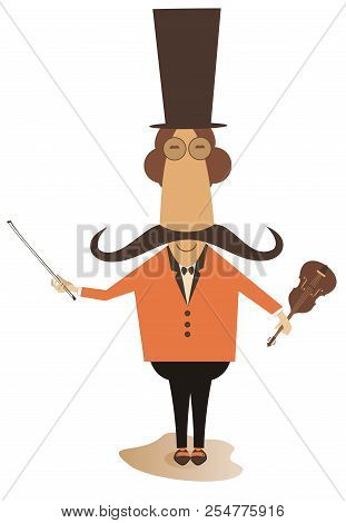 Cartoon Long Mustache Violinist Illustration. Smiling Mustache Man In The Top Hat With Violin And Fi