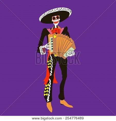 El Mariachi Skeleton Musician. Сharacter With Accordion Isolated. Dia De Los Muertos Or Halloween Ve