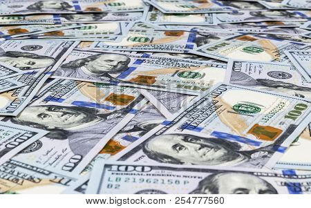 Stack Of One Hundred Dollar Bills. Stack Of Cash Money In Hundred Dollar Banknotes. Heap Of Hundred 