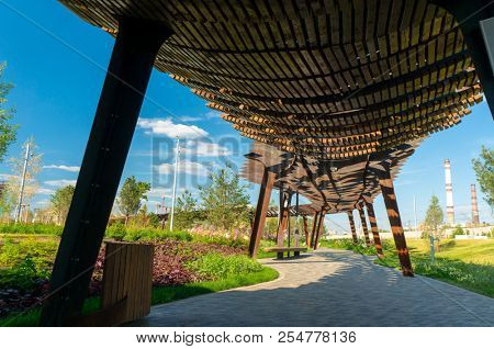 Moscow, Russia - July 06, 2018: Tufeleva roscha architecture park in Moscow. Summer day at landscape park walk