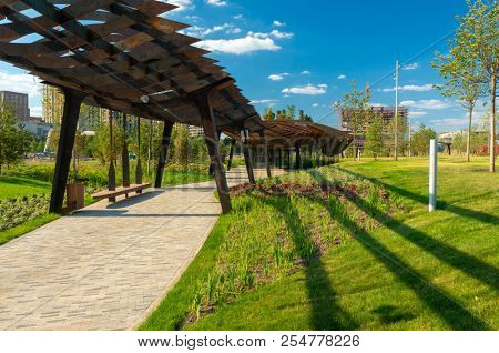 Moscow, Russia - July 06, 2018: Tufeleva roscha architecture park in Moscow. Summer day at landscape park walk