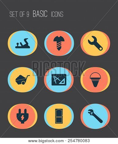 Construction Icons Set With Fire Bucket, Adjustable Wrench, Construction Wheelbarrow And Other Firef