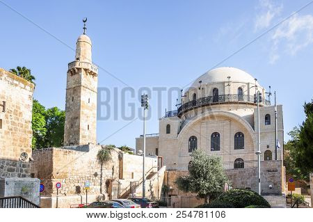 Jerusalem, Israel, August 18, 2018 : The Hurva Synagogue And The Caliph Omar Mosque Early Morning In