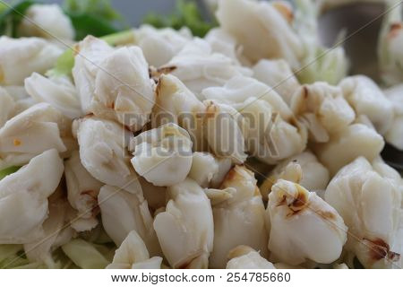 Full Plate Of Fresh Crab Meat Of Boiled Stone Crab Decorated With Vegetable Side Dish, Cheliped Of T