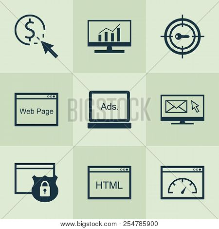 Advertising Icons Set With Html Code, Pay Per Click, Website Protection And Other Loading Speed Elem