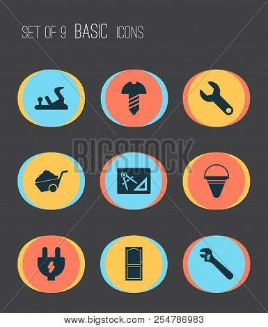 Industry Icons Set With Fire Bucket, Adjustable Wrench, Construction Wheelbarrow And Other Firefight