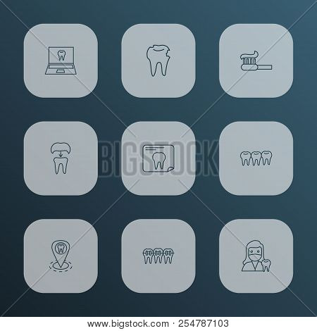 Dental Icons Line Style Set With Online Dentist, Dental Crown, Teeth And Other Toothbrush Elements. 