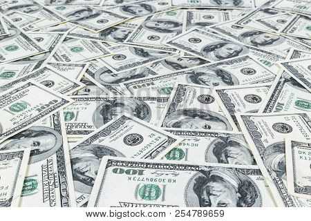 Stack Of One Hundred Dollar Bills. Stack Of Cash Money In Hundred Dollar Banknotes. Heap Of Hundred 