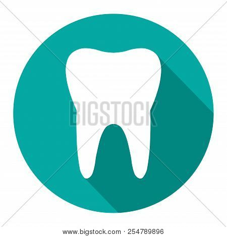 Tooth Icon With Long Shadow. Flat Design Style. Tooth Simple Silhouette. Modern, Minimalist Icon In 