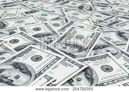 Stack Of One Hundred Dollar Bills. Stack Of Cash Money In Hundred Dollar Banknotes. Heap Of Hundred 
