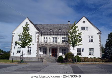 Typical small town in Southern Norway.Administrative building. June 19,2018. Rakkestad, Ostfold Region. Norway