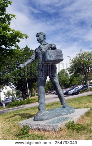 Peasant monument. Typical small town in Southern Norway. June 19,2018. Rakkestad, Ostfold Region. Norway